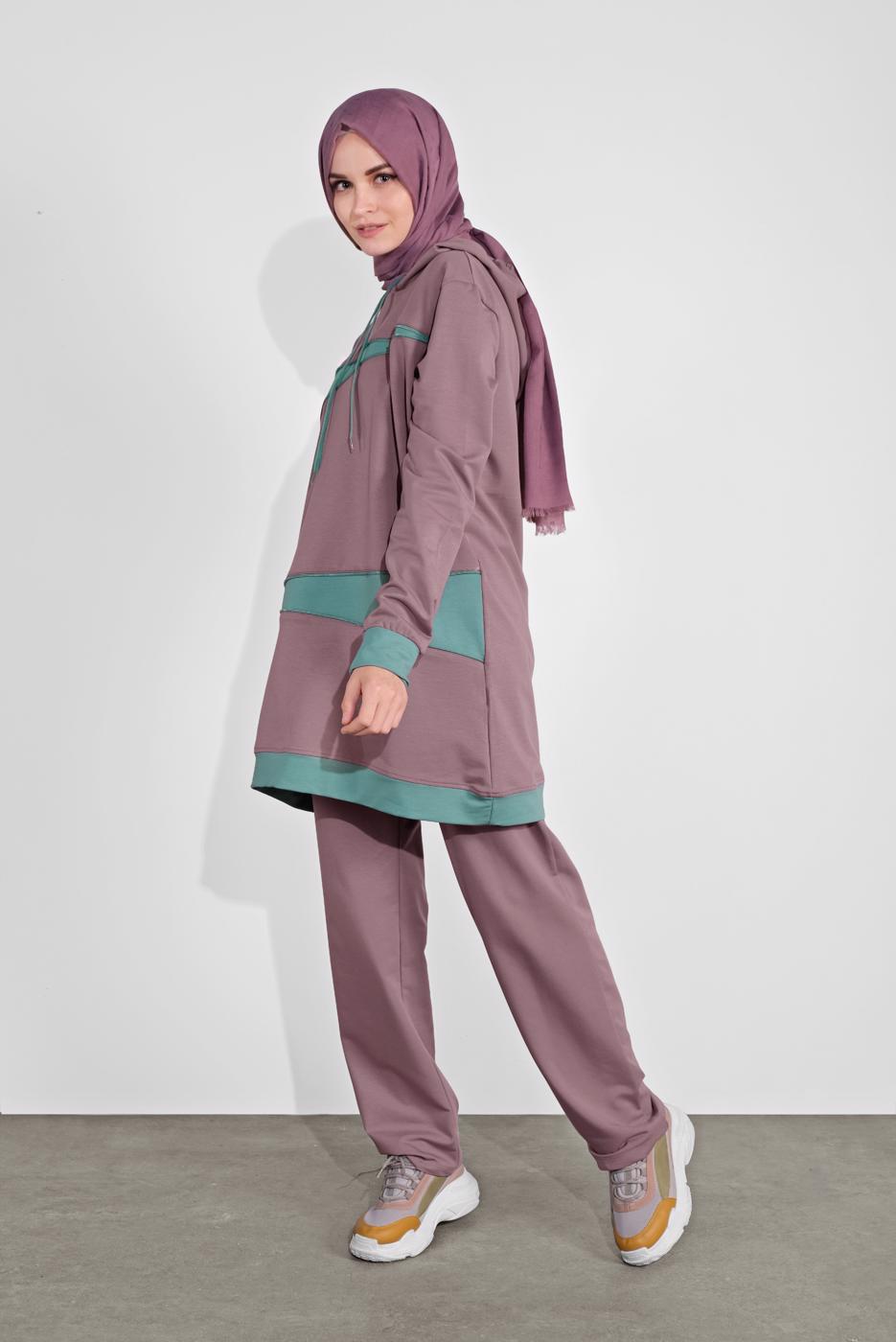 Tesettür giyim PEMBE KAPÜŞONLU İKİ RENK İKİLİ EŞOFMAN TAKIM  2708