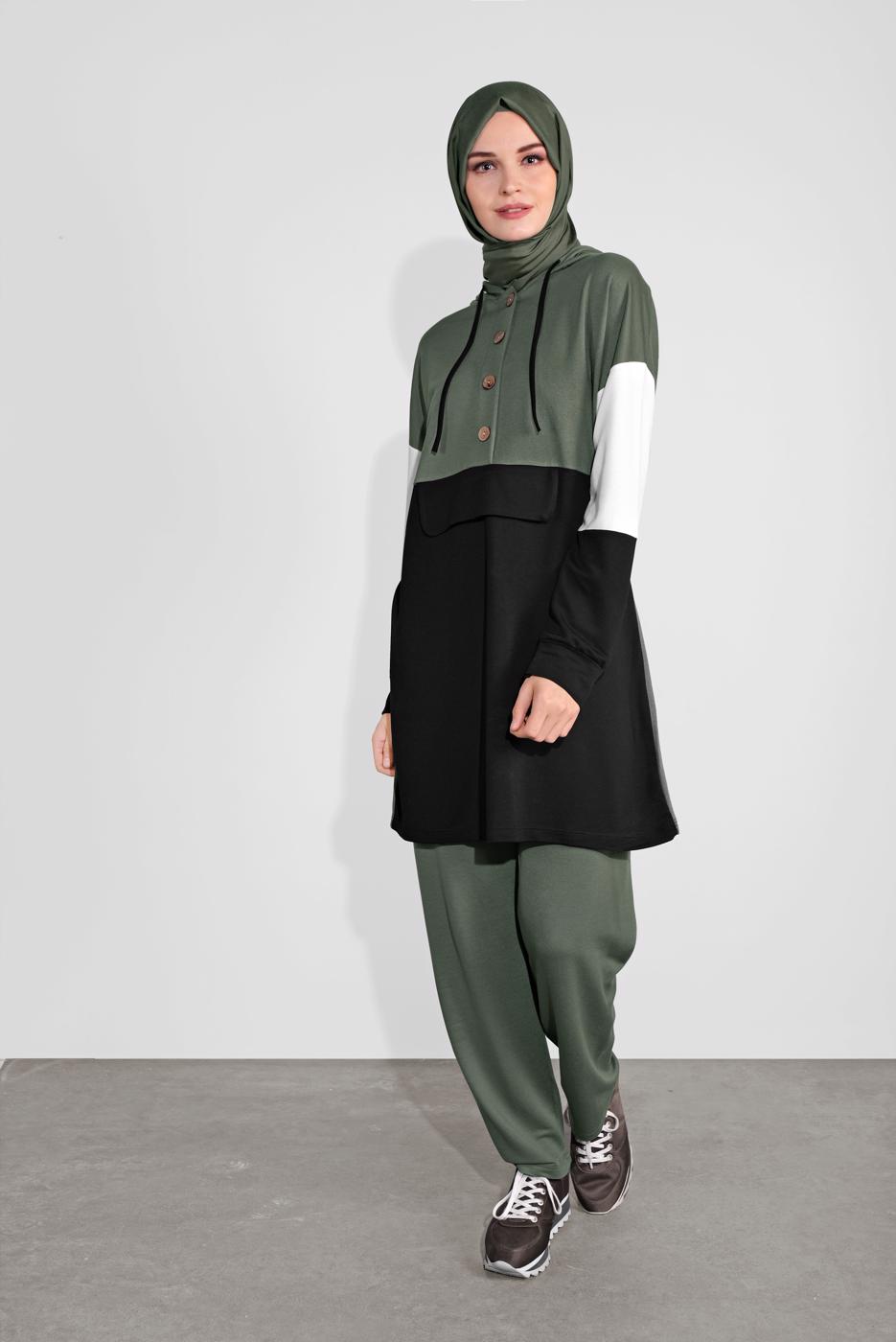 Tesettür giyim HAKİ DÜĞMELİ EŞOFMAN TAKIMI 3236