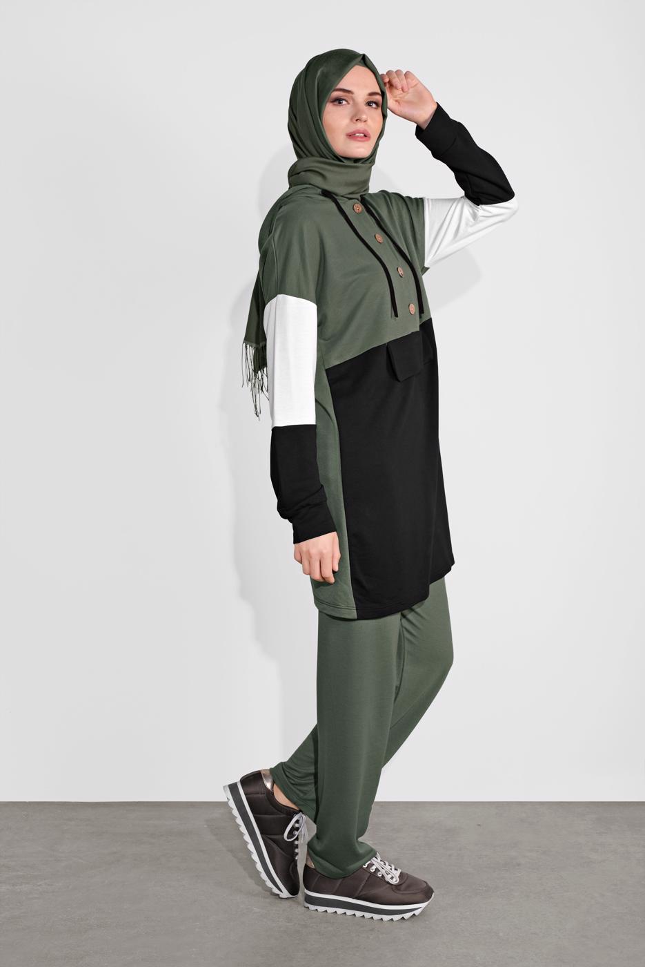 Tesettür giyim HAKİ DÜĞMELİ EŞOFMAN TAKIMI 3236