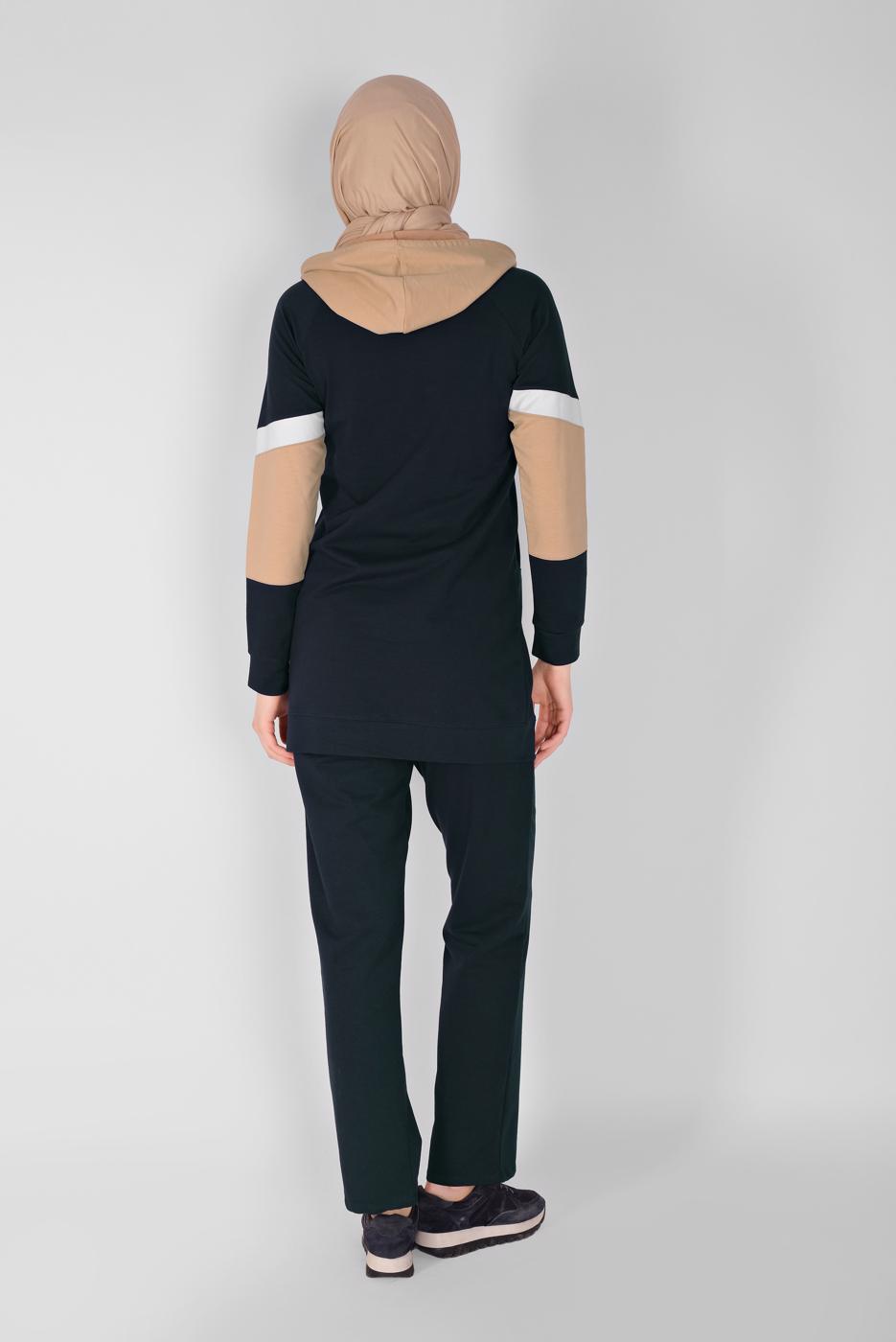Tesettür giyim LACİVERT BASKILI KAPÜŞONLU EŞOFMAN TAKIMI 3508