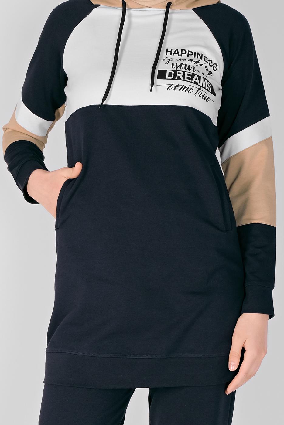 Tesettür giyim LACİVERT BASKILI KAPÜŞONLU 2′Lİ EŞOFMAN  TAKIM 3508 