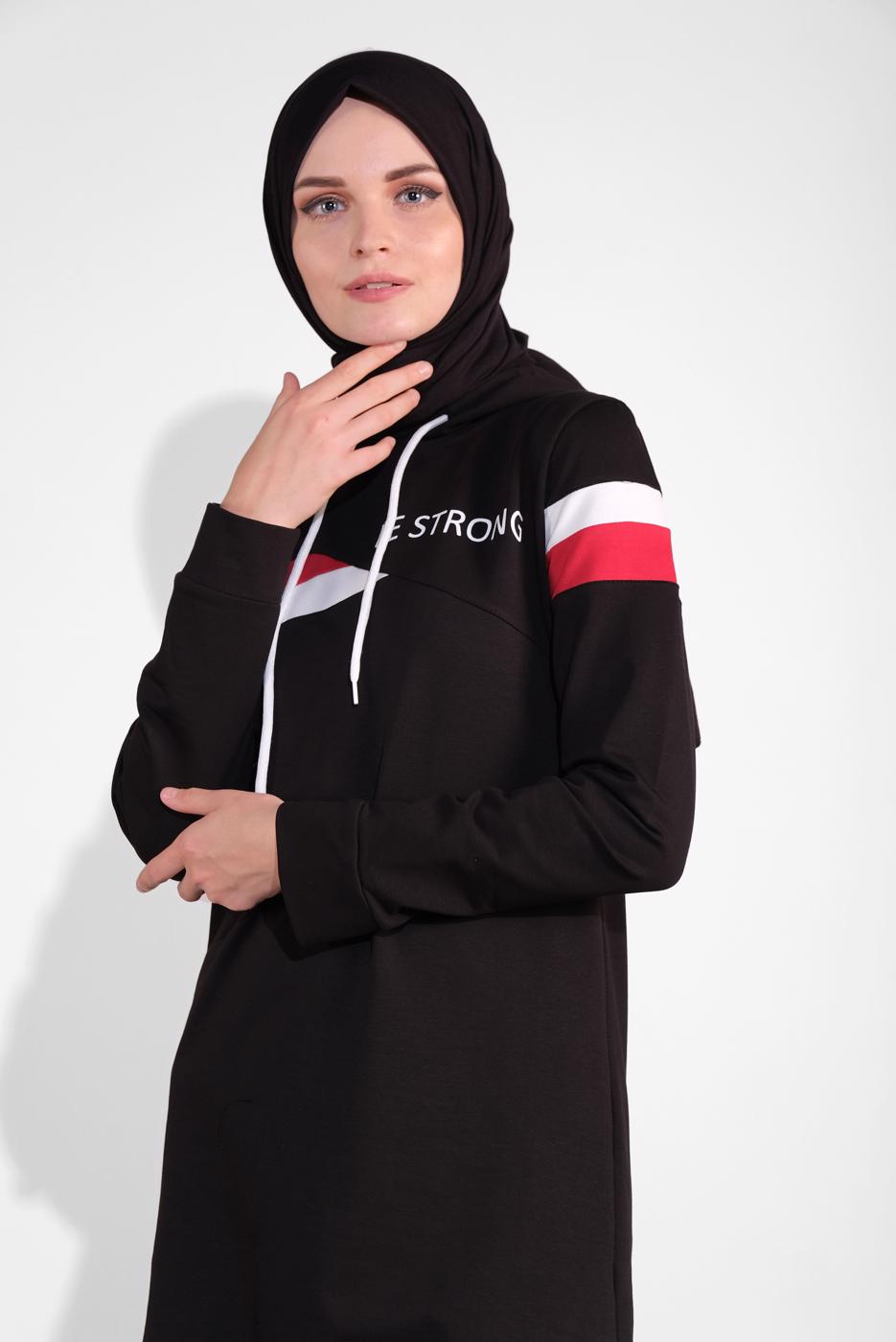 Tesettür giyim SİYAH PAMUKLU ŞERİT DETAYLI PANTOLONLU EŞOFMAN TAKIM 3708 
