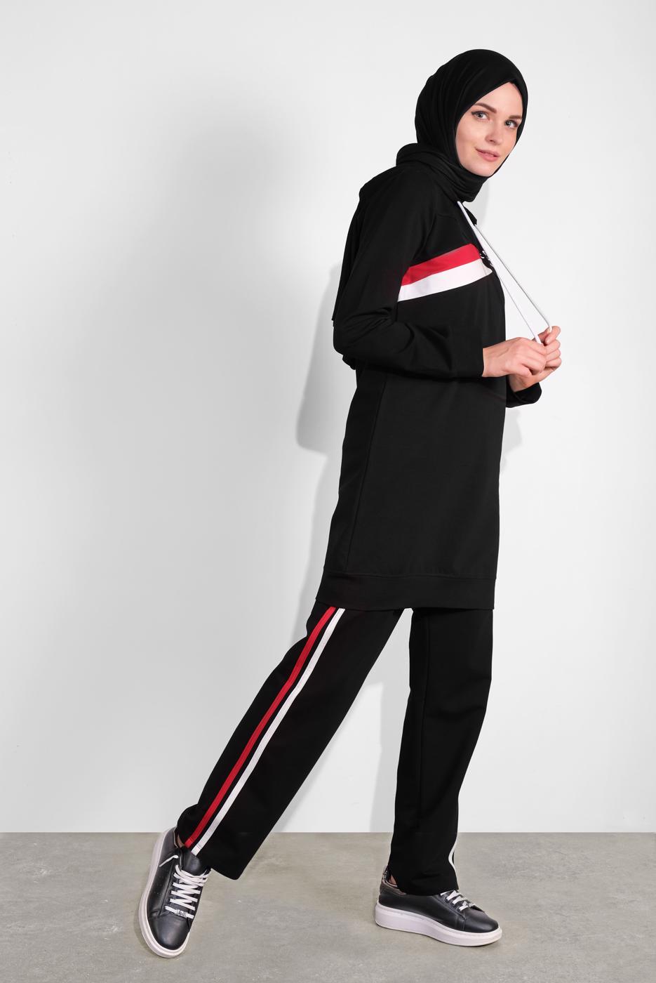 Tesettür giyim SİYAH PAMUKLU ŞERİT DETAYLI PANTOLONLU EŞOFMAN TAKIM 3708 