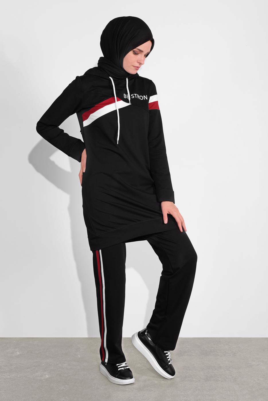 Tesettür giyim SİYAH PAMUKLU ŞERİT DETAYLI PANTOLONLU EŞOFMAN TAKIM 3708 