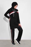 Tesettür giyim SİYAH PAMUKLU ŞERİT DETAYLI PANTOLONLU EŞOFMAN TAKIM 3708 