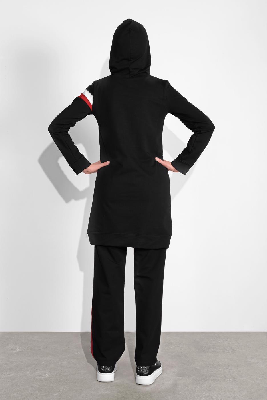 Tesettür giyim SİYAH PAMUKLU ŞERİT DETAYLI PANTOLONLU EŞOFMAN TAKIM 3708 