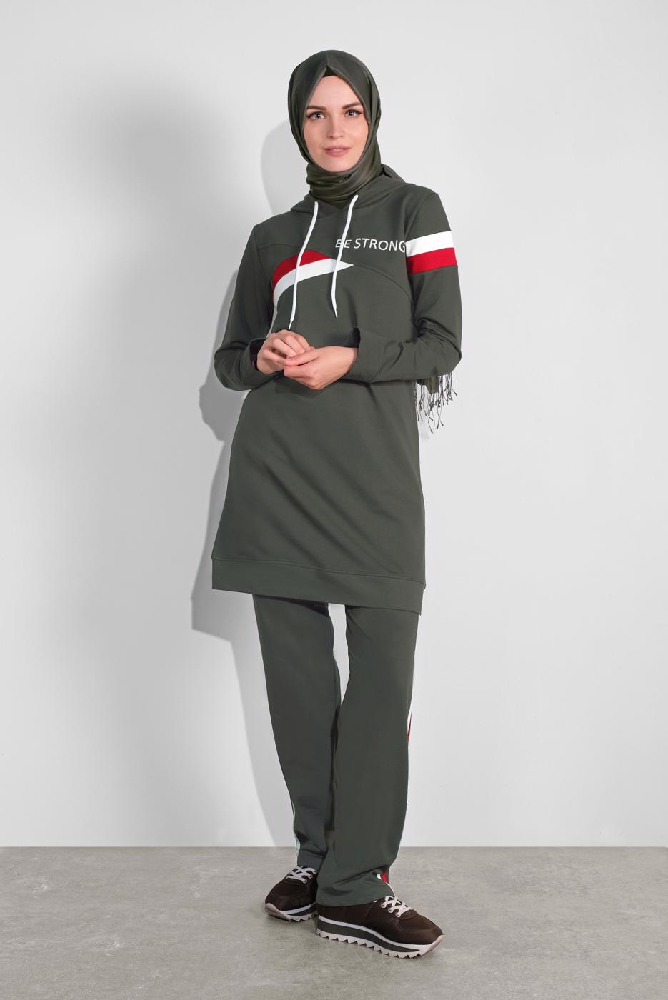 Tesettür giyim HAKİ PAMUKLU ŞERİT DETAYLI PANTOLONLU EŞOFMAN TAKIM 3708 