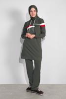 Tesettür giyim HAKİ PAMUKLU ŞERİT DETAYLI PANTOLONLU EŞOFMAN TAKIM 3708 