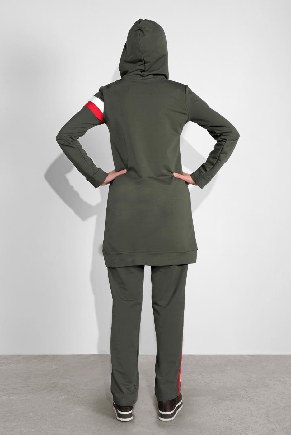 Tesettür giyim HAKİ PAMUKLU ŞERİT DETAYLI PANTOLONLU EŞOFMAN TAKIM 3708 