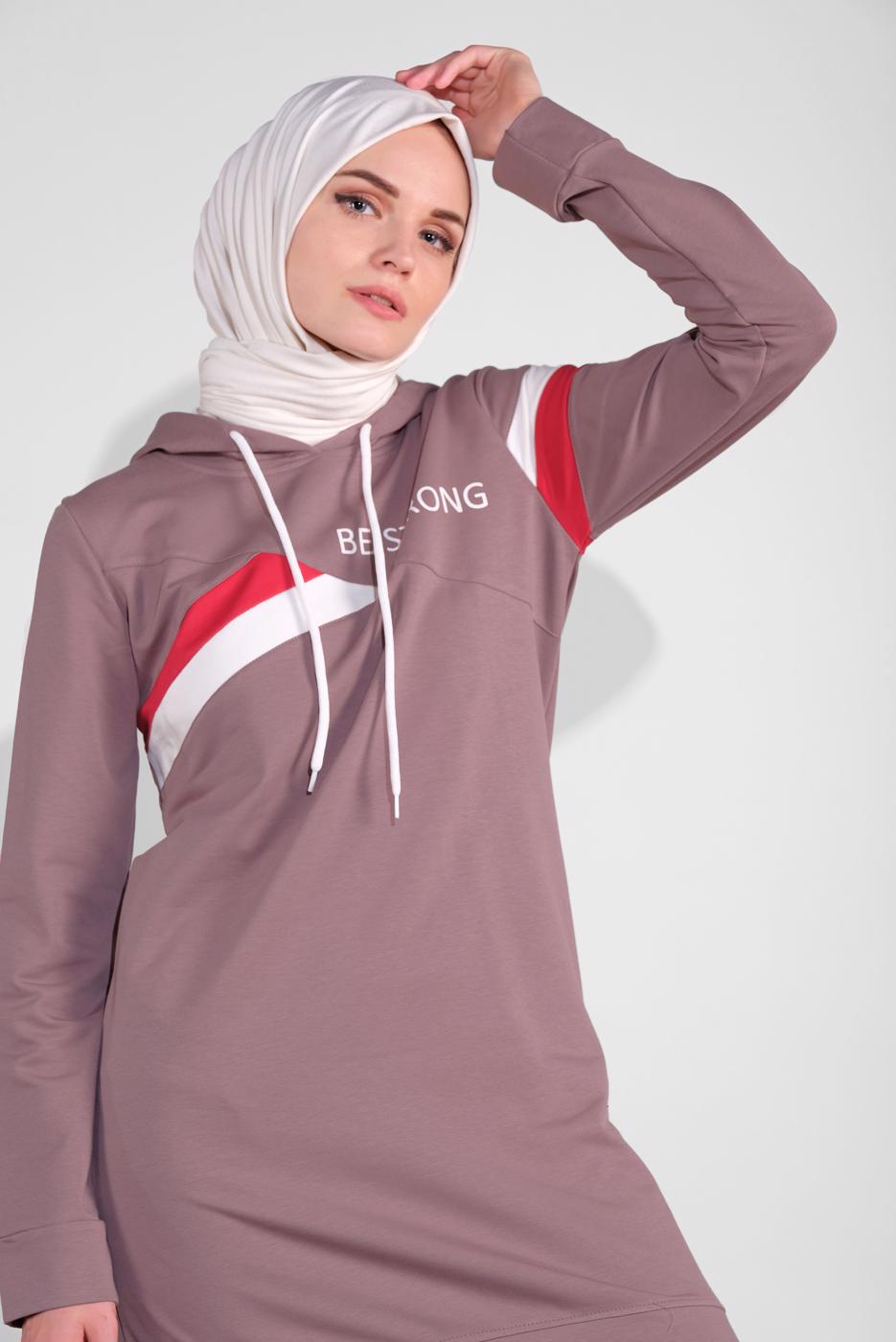 Tesettür giyim PEMBE PAMUKLU ŞERİT DETAYLI PANTOLONLU EŞOFMAN TAKIM 3708 