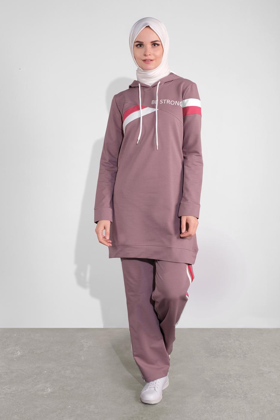 Tesettür giyim PEMBE PAMUKLU ŞERİT DETAYLI PANTOLONLU EŞOFMAN TAKIM 3708 