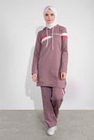 Tesettür giyim PEMBE PAMUKLU ŞERİT DETAYLI PANTOLONLU EŞOFMAN TAKIM 3708 