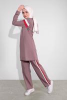 Tesettür giyim PEMBE PAMUKLU ŞERİT DETAYLI PANTOLONLU EŞOFMAN TAKIM 3708 