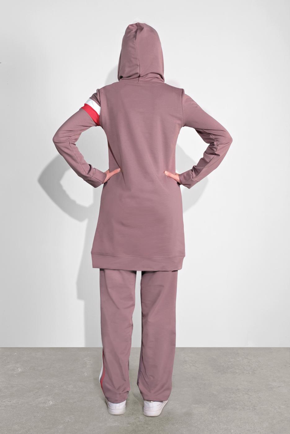 Tesettür giyim PEMBE PAMUKLU ŞERİT DETAYLI PANTOLONLU EŞOFMAN TAKIM 3708 
