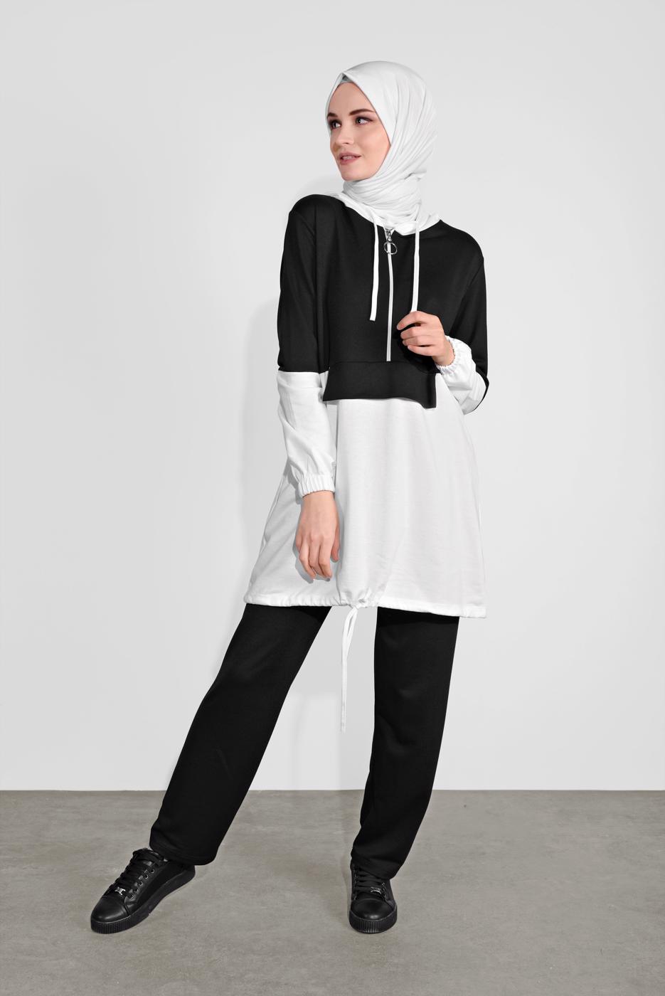 Tesettür giyim SİYAH İKİ RENK KAPÜŞONLU PANTOLONLU  TAKIM 4236 