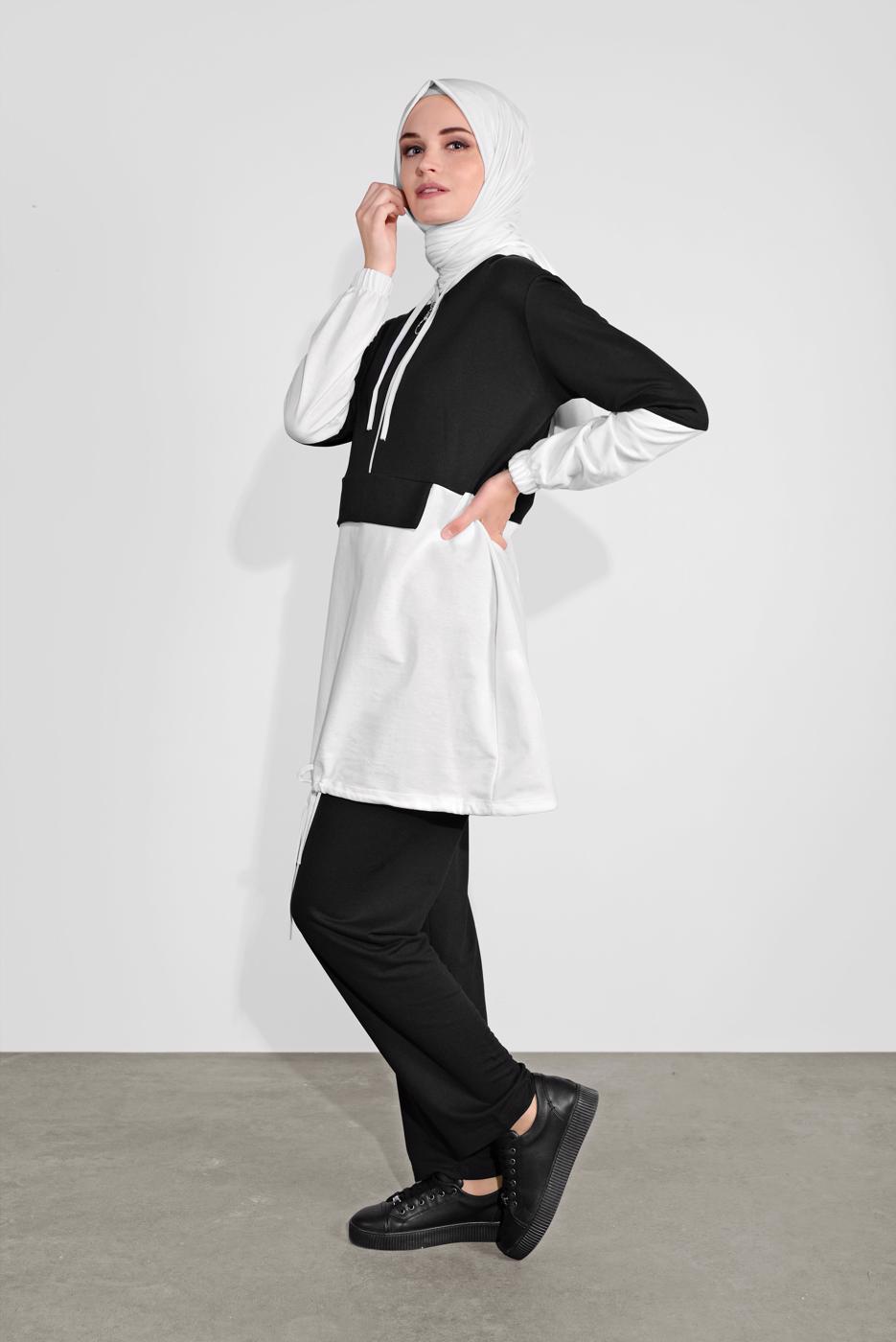 Tesettür giyim SİYAH İKİ RENK KAPÜŞONLU PANTOLONLU  TAKIM 4236 