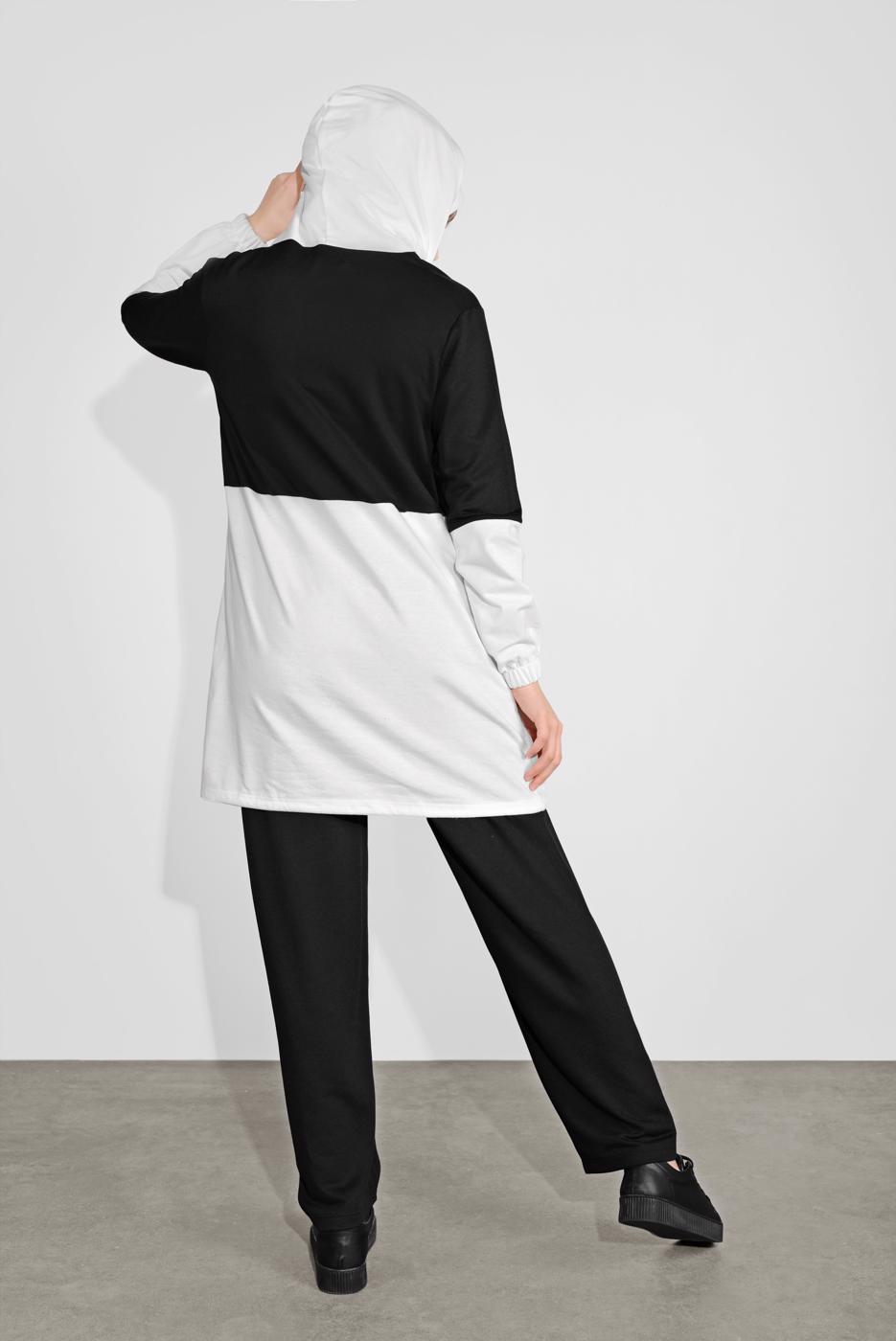 Tesettür giyim SİYAH İKİ RENK KAPÜŞONLU PANTOLONLU  TAKIM 4236 