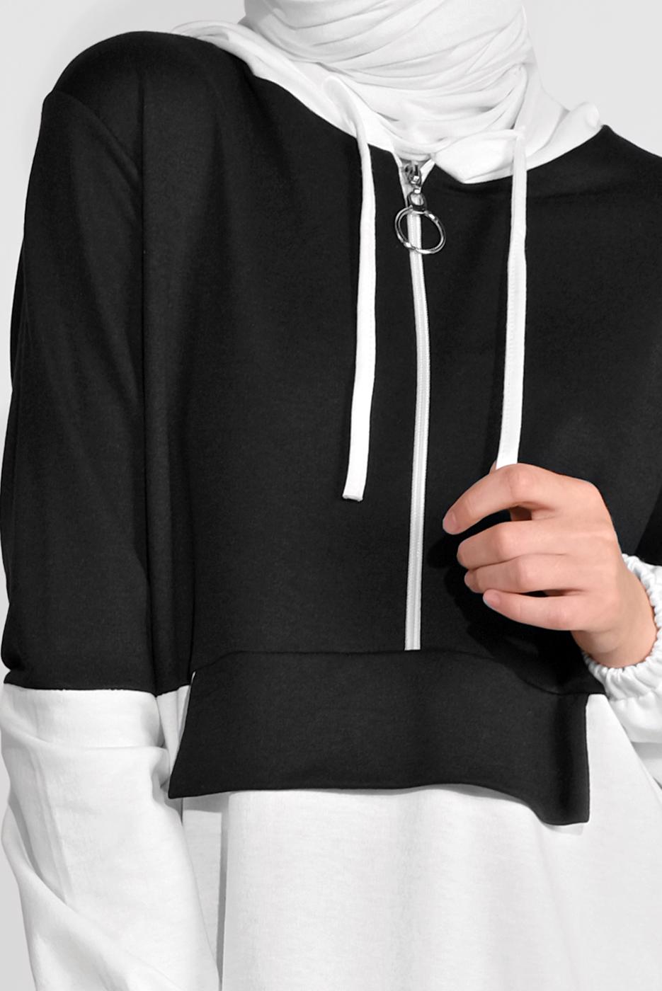 Tesettür giyim SİYAH İKİ RENK KAPÜŞONLU PANTOLONLU  TAKIM 4236 