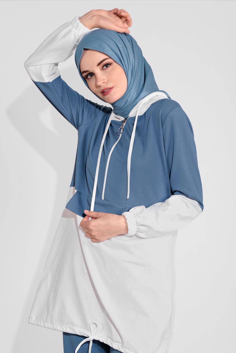 Tesettür giyim LACİVERT İKİ RENK KAPÜŞONLU PANTOLONLU  TAKIM 4236 