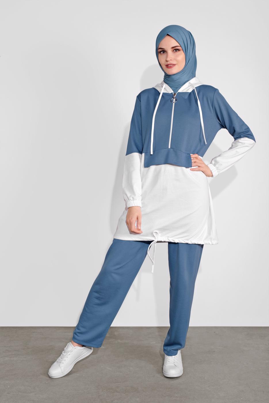 Tesettür giyim LACİVERT İKİ RENK KAPÜŞONLU PANTOLONLU  TAKIM 4236 