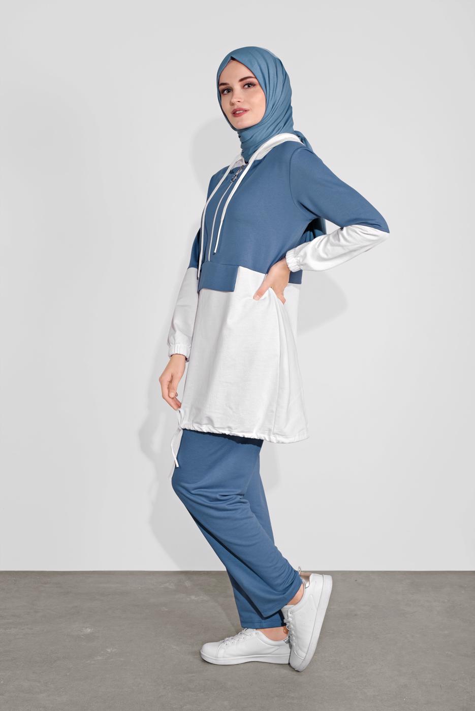 Tesettür giyim LACİVERT İKİ RENK KAPÜŞONLU PANTOLONLU  TAKIM 4236 