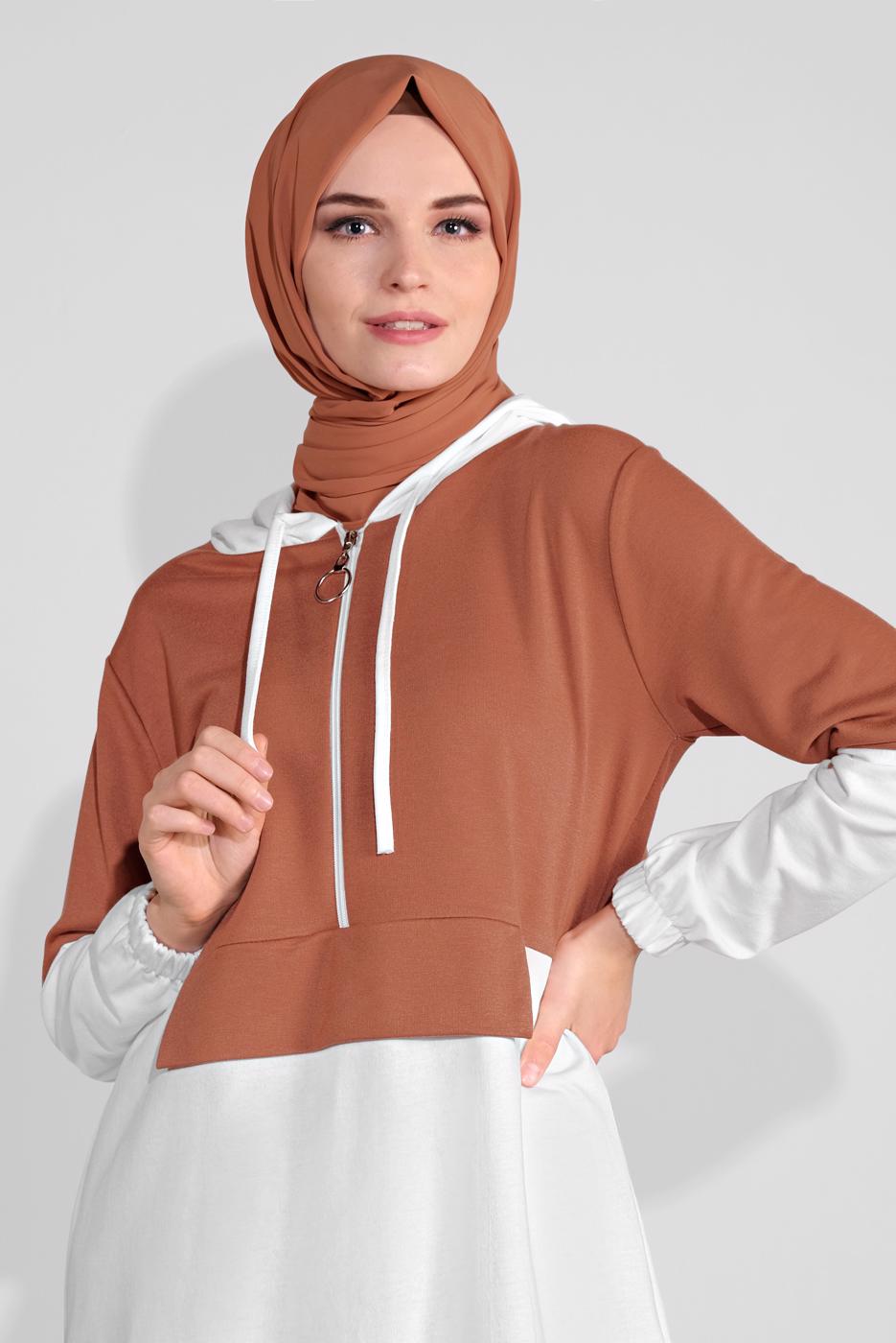 Tesettür giyim TURUNCU İKİ RENK KAPÜŞONLU PANTOLONLU  TAKIM 4236 