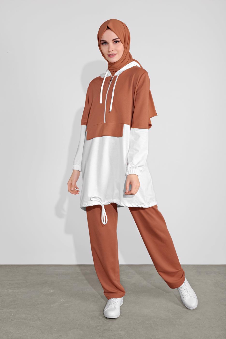 Tesettür giyim TURUNCU İKİ RENK KAPÜŞONLU PANTOLONLU  TAKIM 4236 