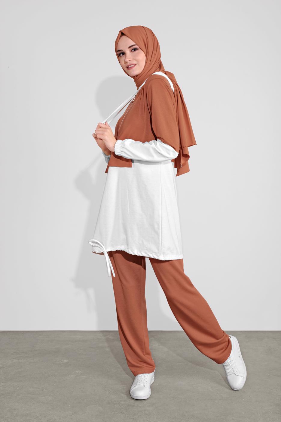 Tesettür giyim TURUNCU İKİ RENK KAPÜŞONLU PANTOLONLU  TAKIM 4236 