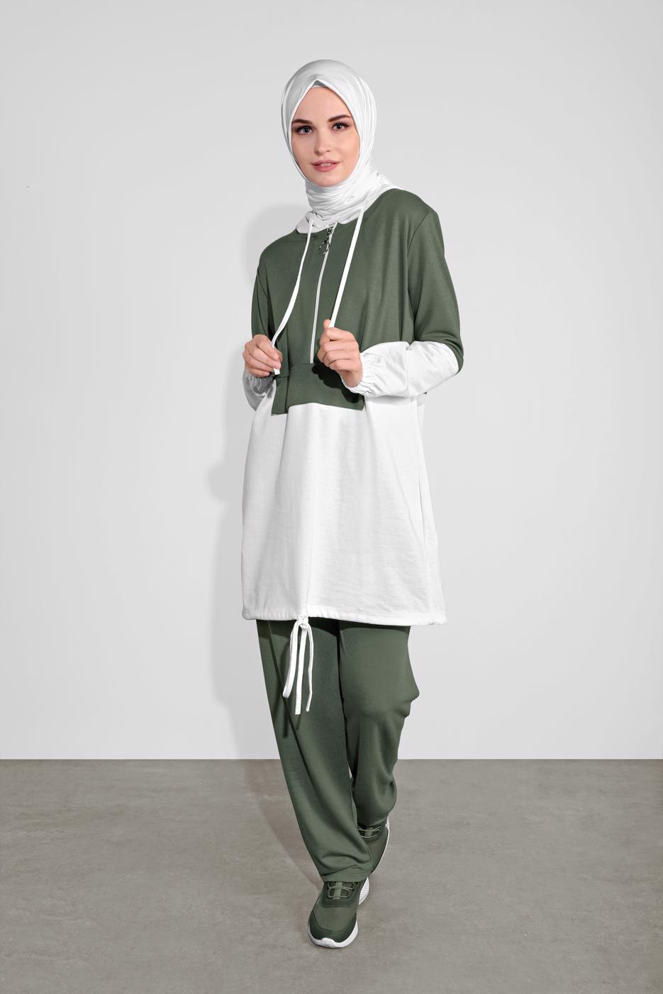 Tesettür giyim HAKİ İKİ RENK KAPÜŞONLU PANTOLONLU  TAKIM 4236 