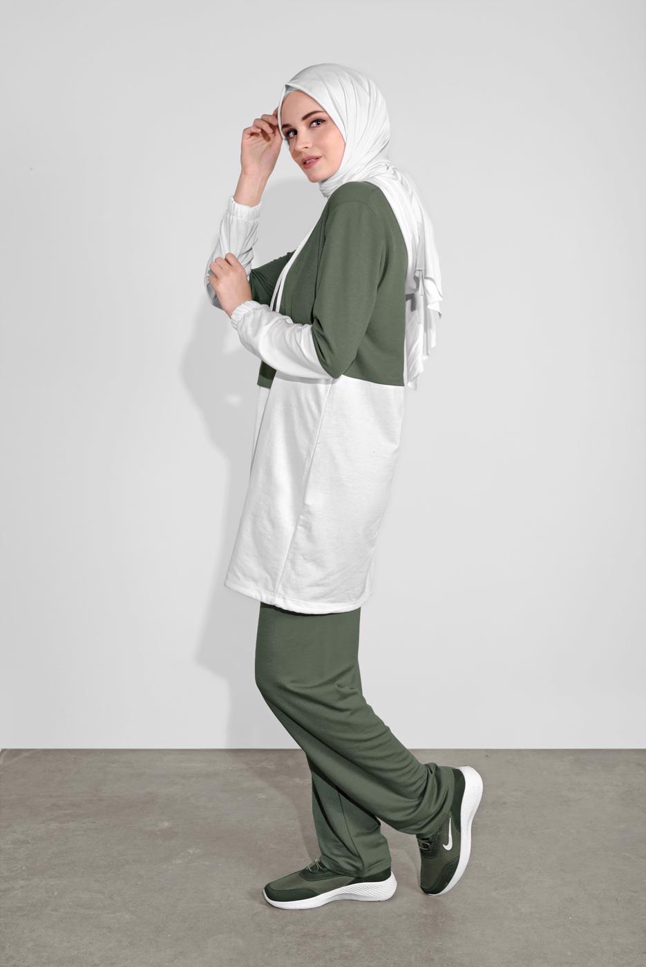 Tesettür giyim HAKİ İKİ RENK KAPÜŞONLU PANTOLONLU  TAKIM 4236 