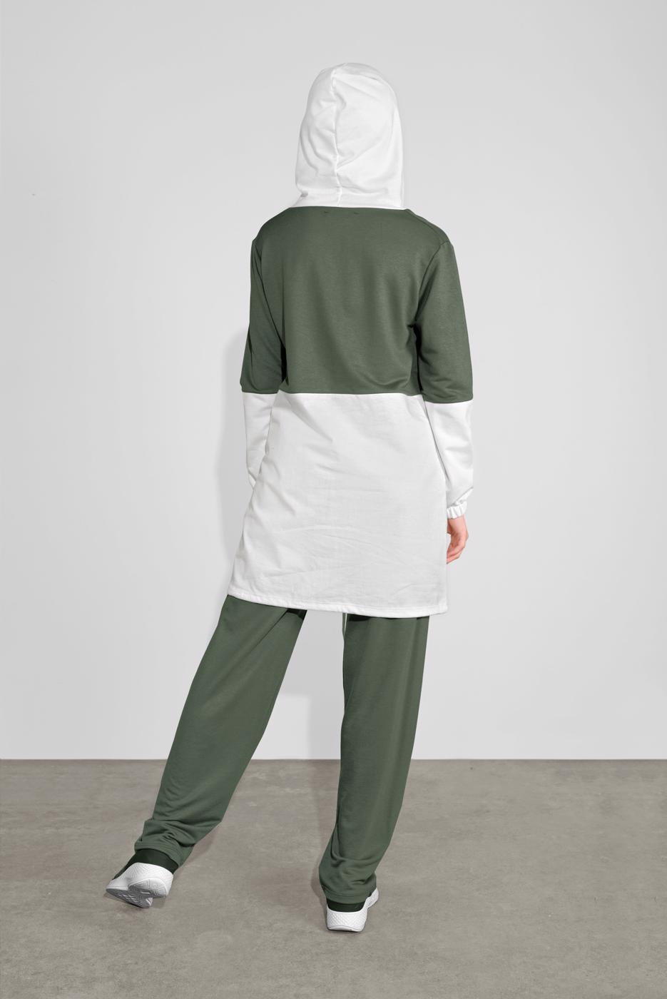 Tesettür giyim HAKİ İKİ RENK KAPÜŞONLU PANTOLONLU  TAKIM 4236 