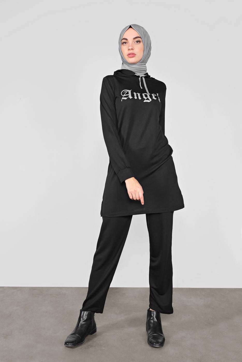 Tesettür giyim SİYAH BASKILI İKİLİ PANTOLON TAKIM 4436