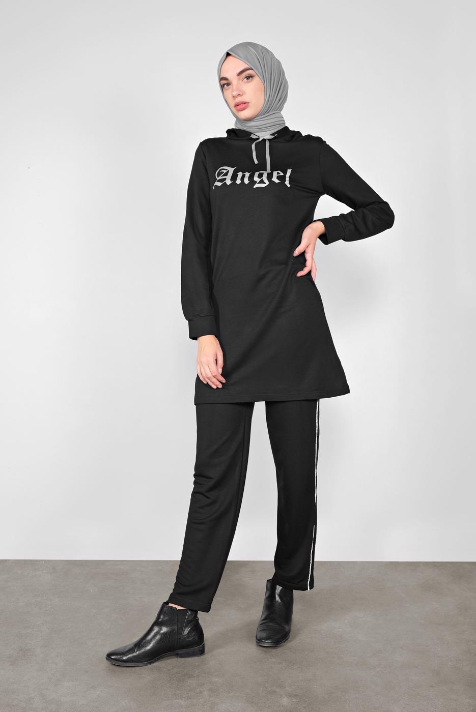 Tesettür giyim SİYAH BASKILI İKİLİ PANTOLON TAKIM 4436