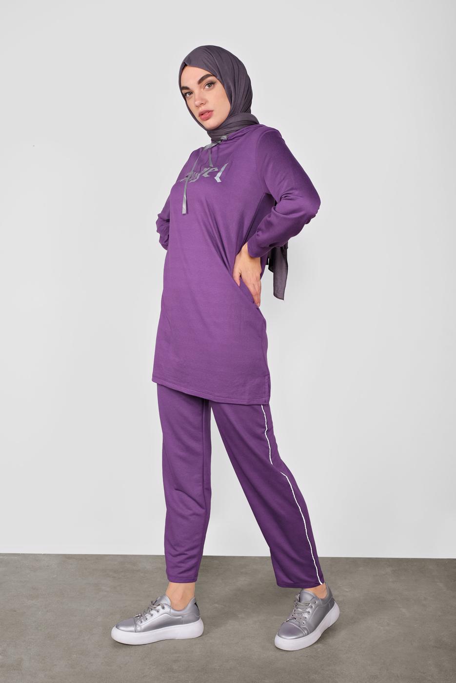 Tesettür giyim MOR BASKILI İKİLİ PANTOLON TAKIM 4436
