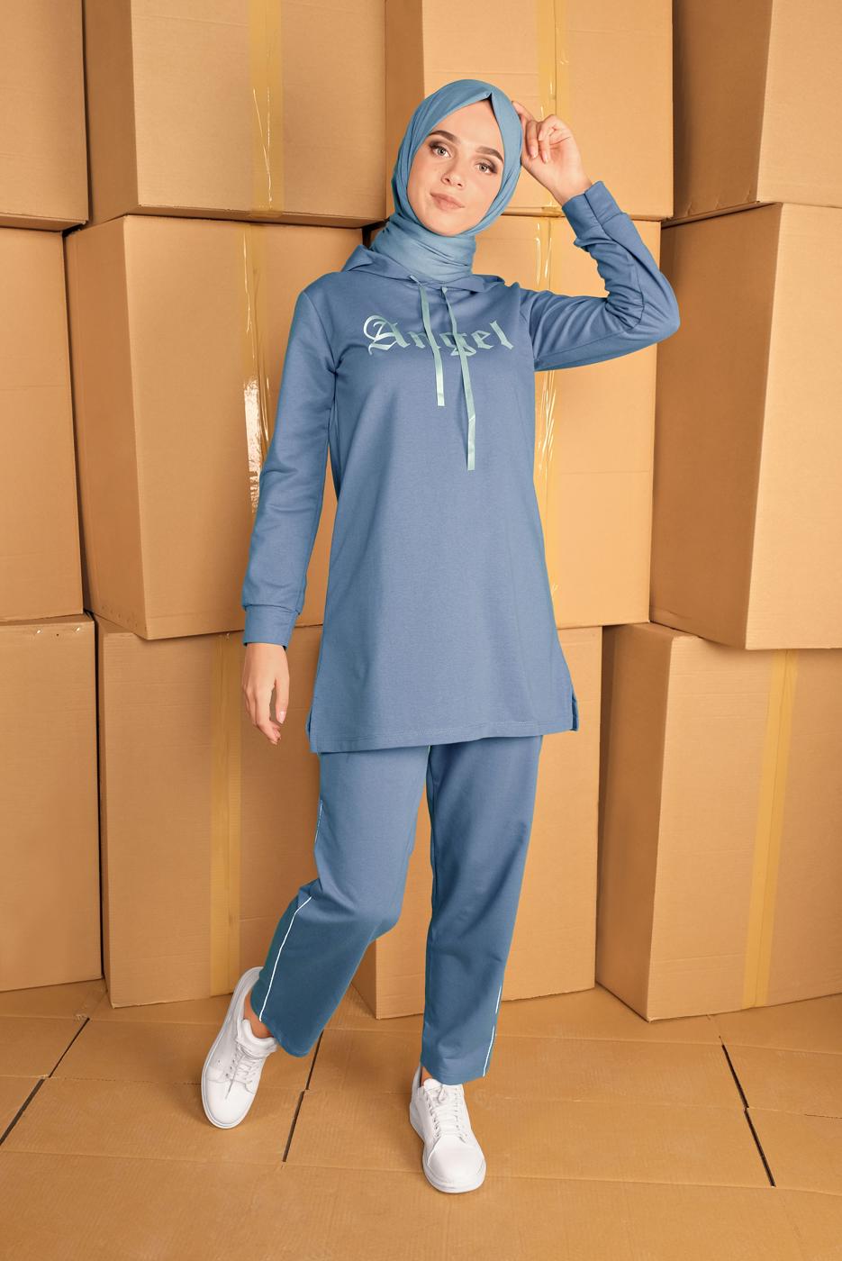 Tesettür giyim MAVİ BASKILI İKİLİ PANTOLON TAKIM 4436