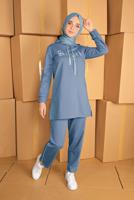 Tesettür giyim MAVİ BASKILI İKİLİ PANTOLON TAKIM 4436