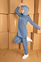 Tesettür giyim MAVİ BASKILI İKİLİ PANTOLON TAKIM 4436