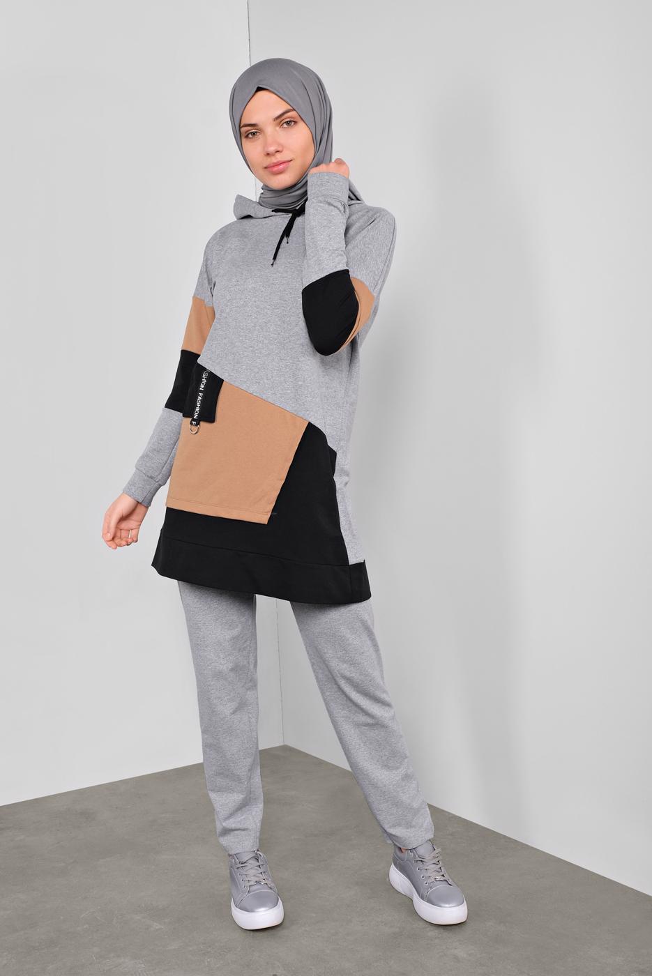 Tesettür giyim GRİ RENKLİ 2Lİ PANTOLONLU EŞOFMAN TAKIMI 5255