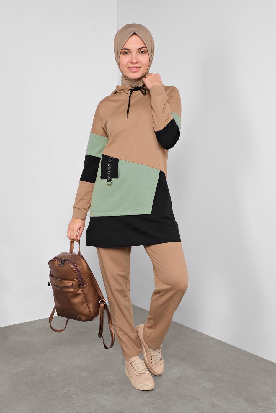 Tesettür giyim KAHVE RENKLİ 2Lİ PANTOLONLU EŞOFMAN TAKIMI 5255