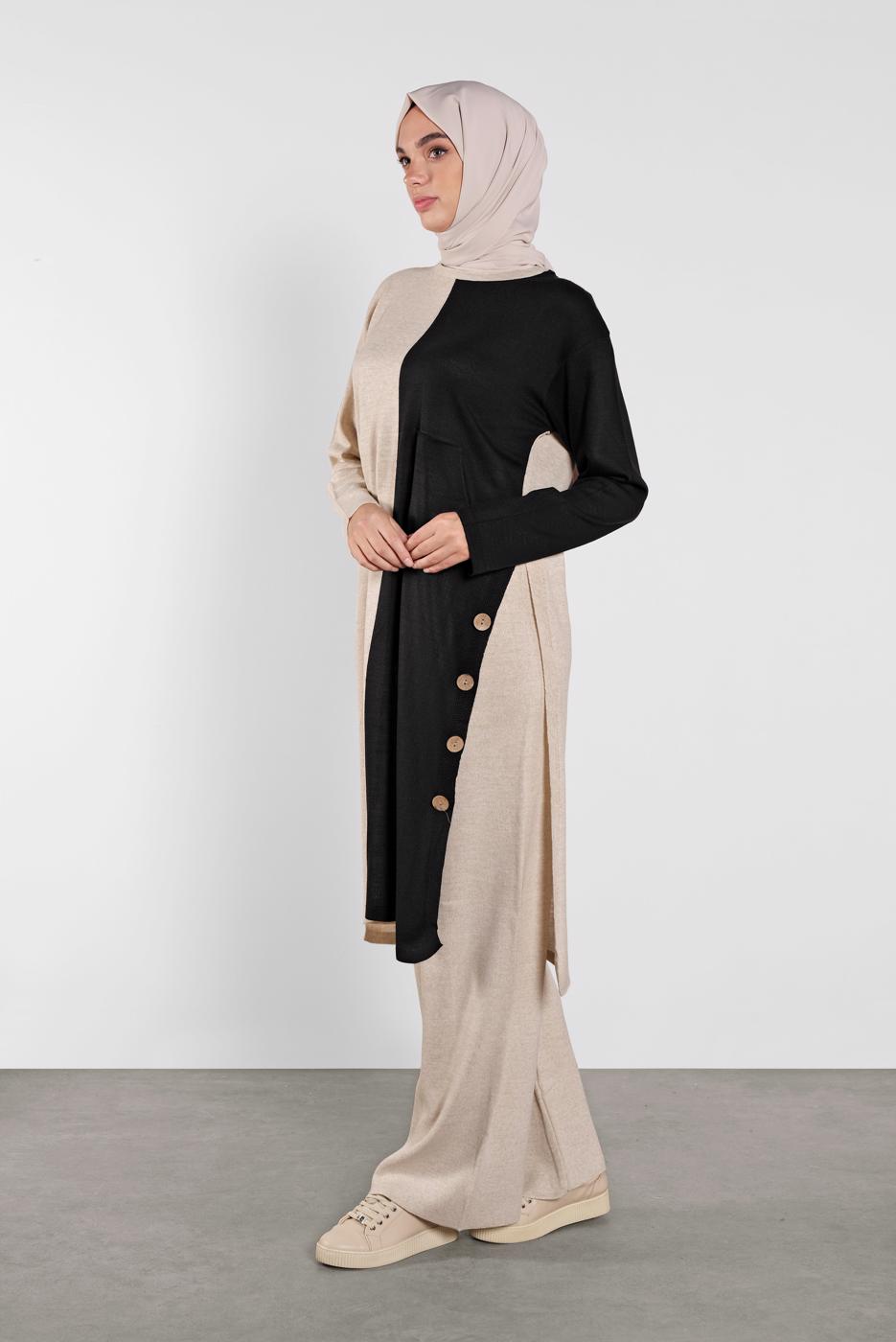 Tesettür giyim SİYAH DÜĞME DETAYLI 2 RENKLİ İKİLİ PANTOLONLU TAKIM 6102