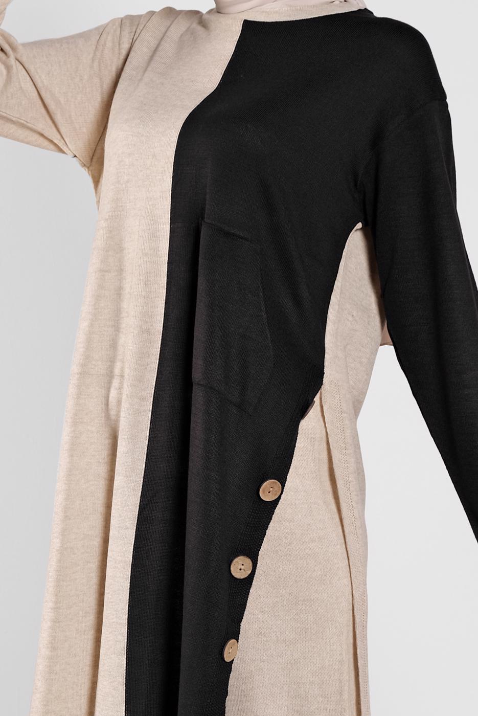 Tesettür giyim SİYAH DÜĞME DETAYLI 2 RENKLİ İKİLİ PANTOLONLU TAKIM 6102