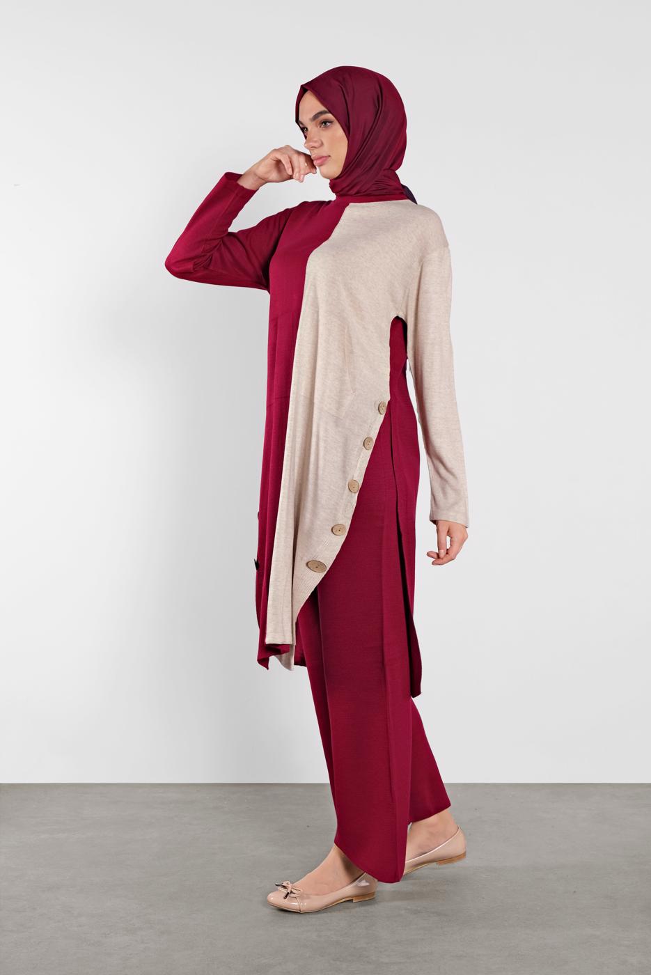 Tesettür giyim FUŞYA DÜĞME DETAYLI 2 RENKLİ İKİLİ PANTOLONLU TAKIM 6102