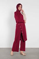 Tesettür giyim FUŞYA DÜĞME DETAYLI 2 RENKLİ İKİLİ PANTOLONLU TAKIM 6102