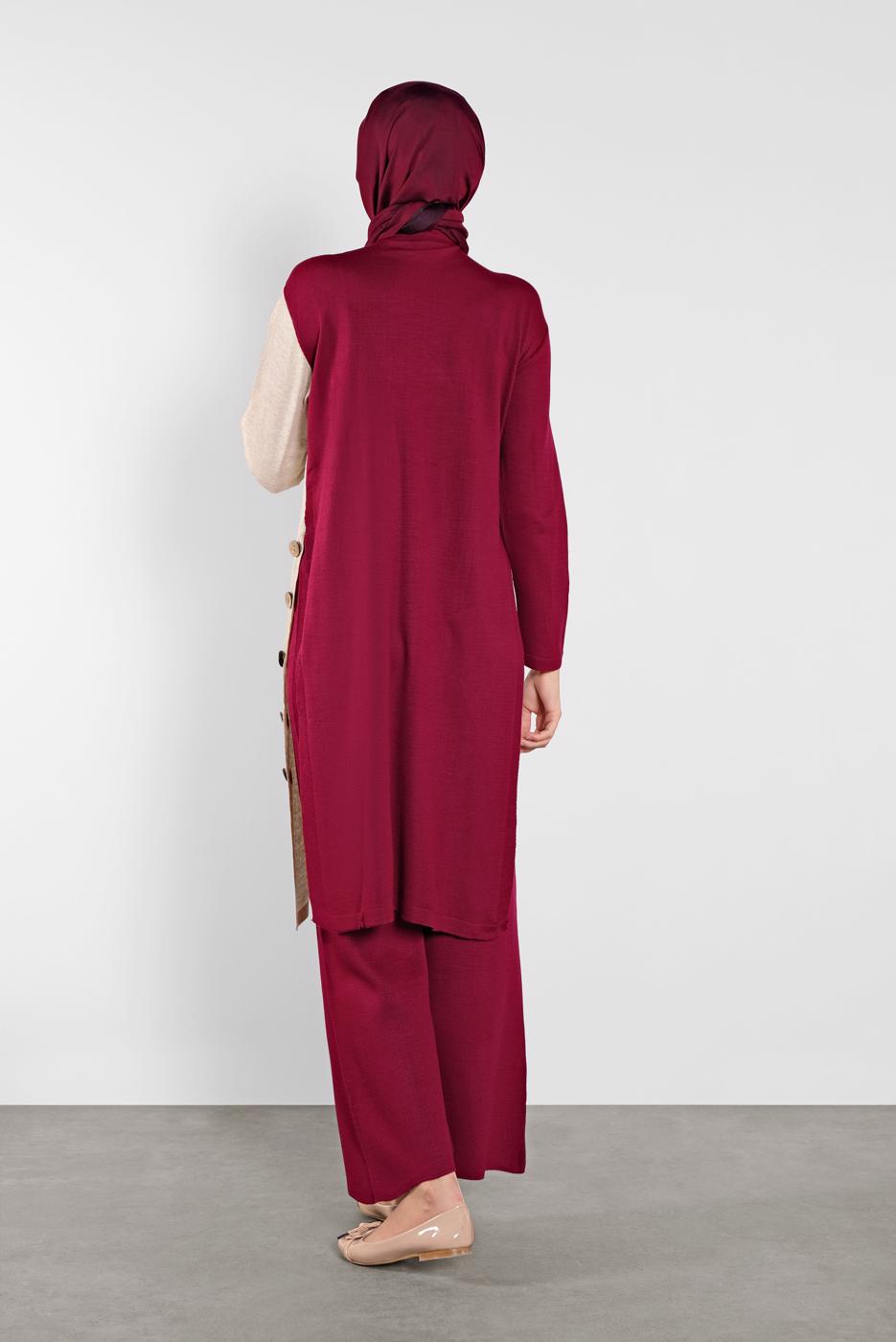 Tesettür giyim FUŞYA DÜĞME DETAYLI 2 RENKLİ İKİLİ PANTOLONLU TAKIM 6102