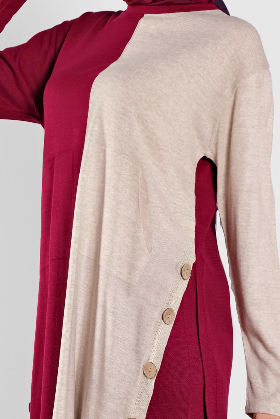 Tesettür giyim FUŞYA DÜĞME DETAYLI 2 RENKLİ İKİLİ PANTOLONLU TAKIM 6102