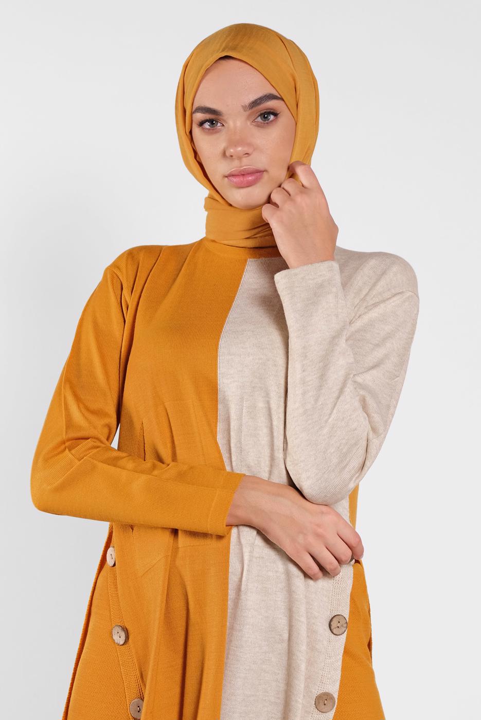 Tesettür giyim TURUNCU DÜĞME DETAYLI 2 RENKLİ İKİLİ PANTOLONLU TAKIM 6102