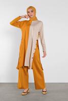 Tesettür giyim TURUNCU DÜĞME DETAYLI 2 RENKLİ İKİLİ PANTOLONLU TAKIM 6102