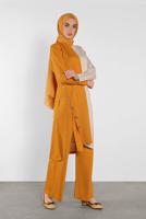 Tesettür giyim TURUNCU DÜĞME DETAYLI 2 RENKLİ İKİLİ PANTOLONLU TAKIM 6102