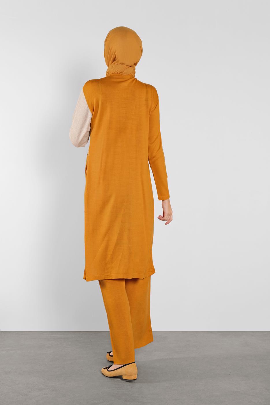 Tesettür giyim TURUNCU DÜĞME DETAYLI 2 RENKLİ İKİLİ PANTOLONLU TAKIM 6102