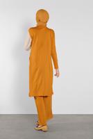 Tesettür giyim TURUNCU DÜĞME DETAYLI 2 RENKLİ İKİLİ PANTOLONLU TAKIM 6102